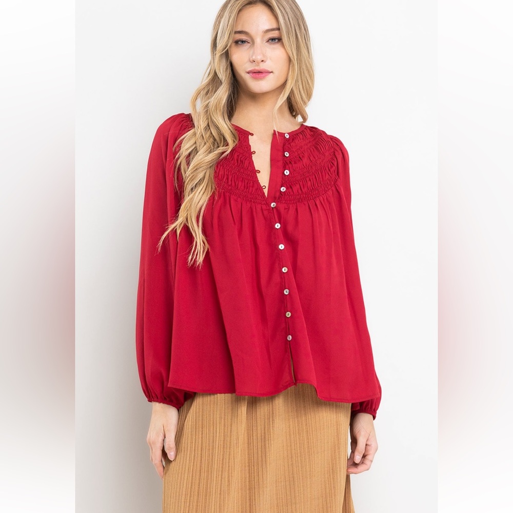 Boho Solid Shirring Detailed Blouse Top size small